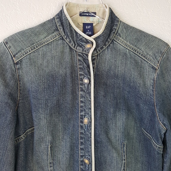 Vintage Gap Stretch Dip Dye Dark Denim Floral Trim Boho Mock Neck Jacket Coat S - Picture 3 of 8